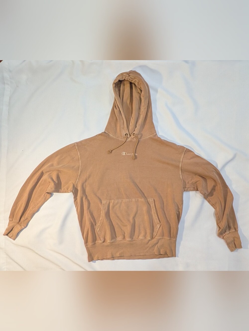 Champion Reverse Weave Hoodie Sweatshirt Men Sz S Beige Tan Center Script Logo